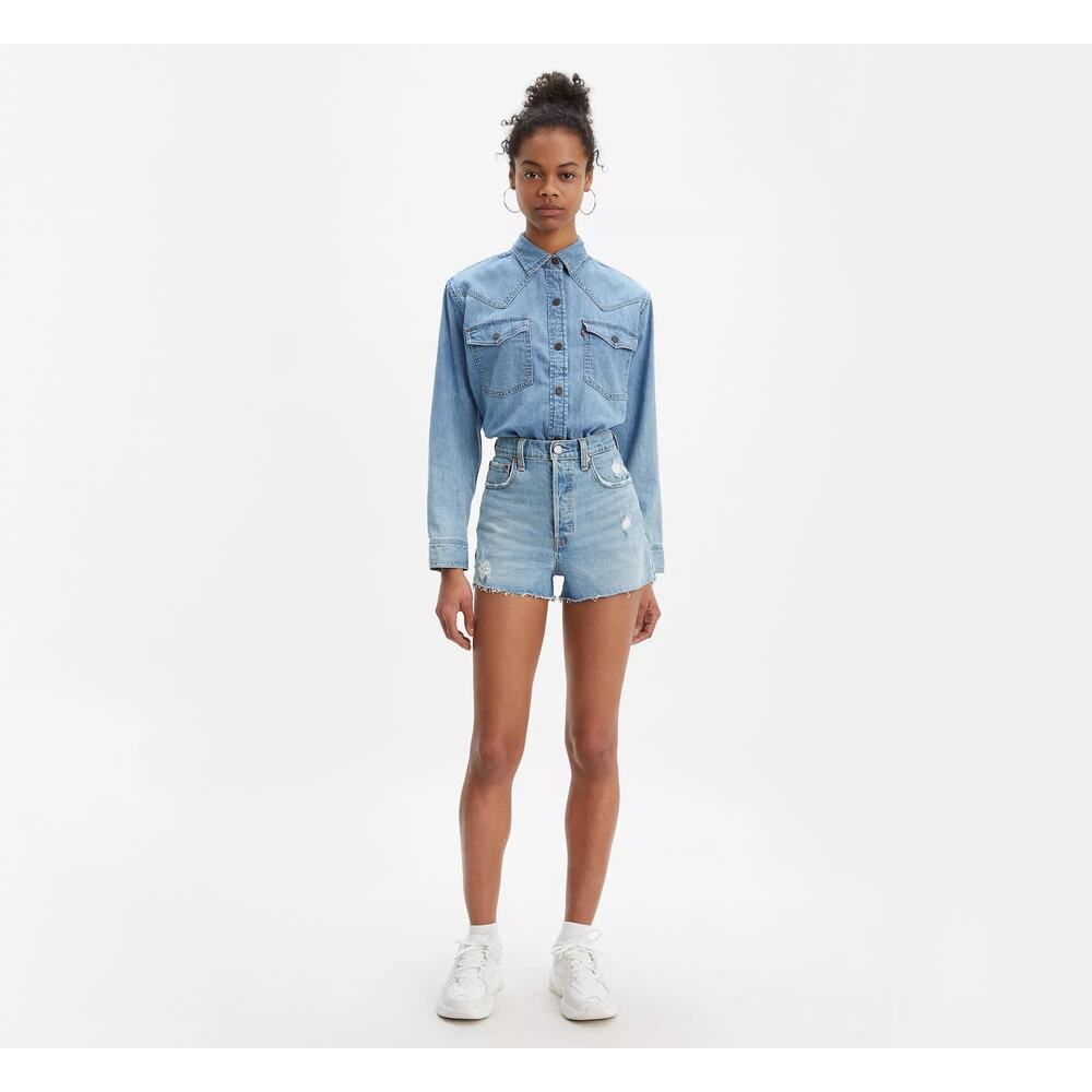 LEVIS Light Wash Ribcage Shorts Five Button Fly Distressed Hemline Shorts 31 - Picture 1 of 11